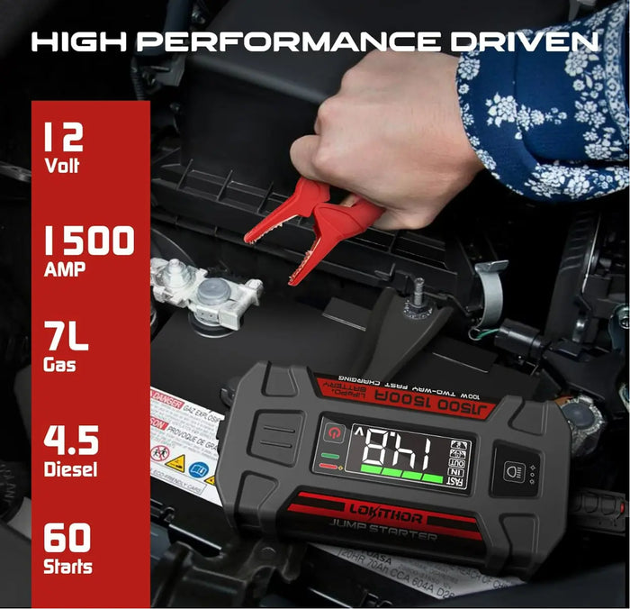LOKITHOR J1500 Jump Starter 1500A 12V Car Starter (LiFePO4-Tech) for Upto 7L Gas and 4.5L Diesel Engines with 60W Two-Way Fast Charging, Safe and Portable Battery Booster Pack FairTools