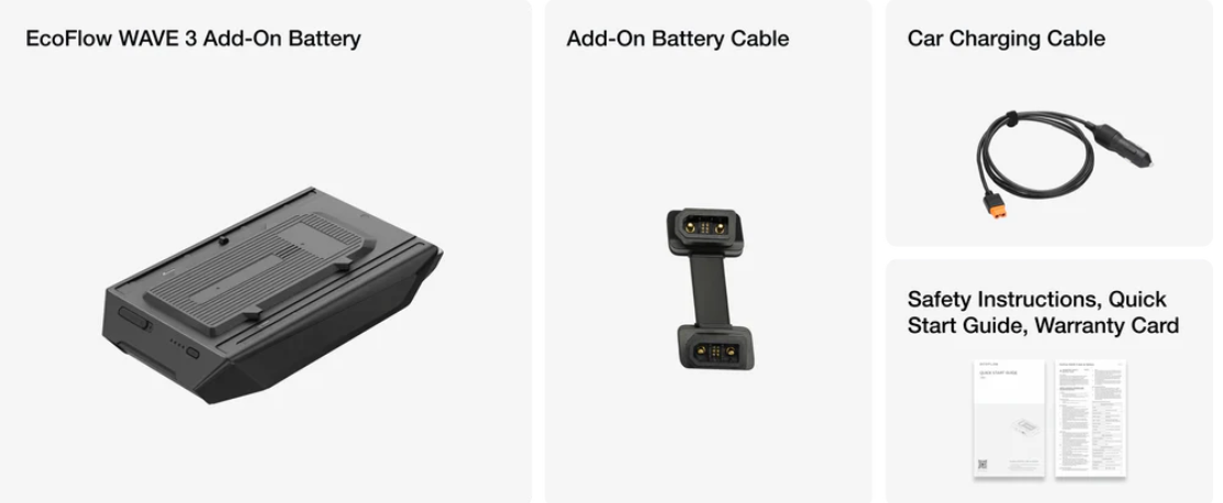 EcoFlow WAVE 3 Add-On Battery and related accessories on a white background