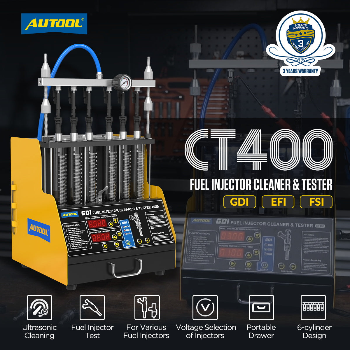 AUTOOL CT400 Fuel Injector Cleaning Tester with GDI Injector Test and Ultrasonic Cleaning & 6 Cylinders
