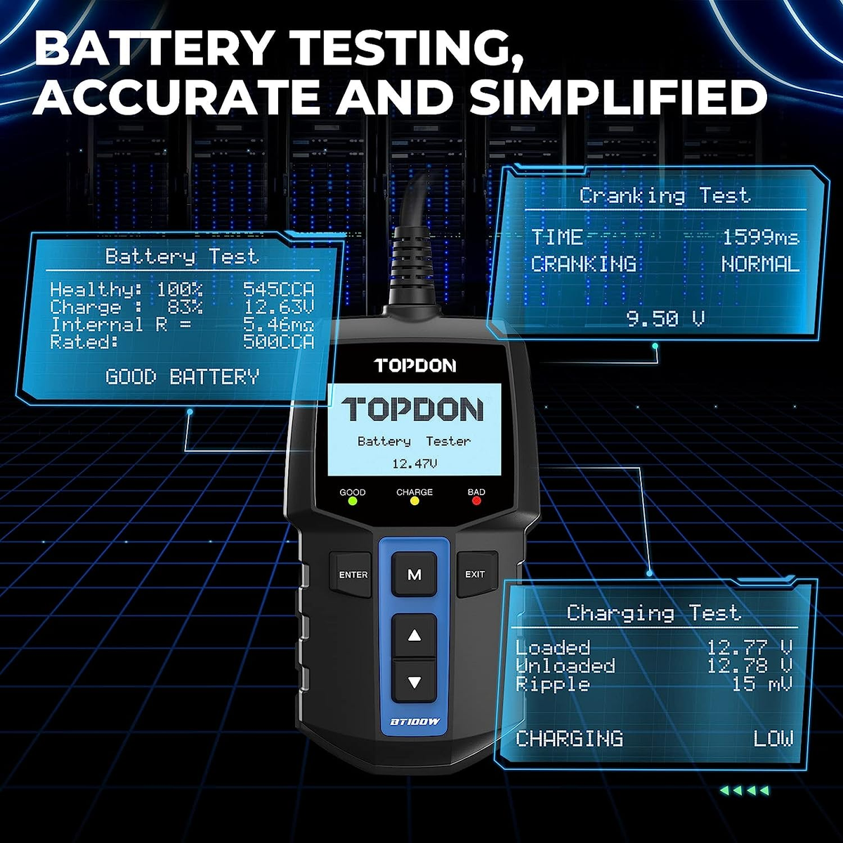 Topdon BT100W 12V Bluetooth Battery Tester Automotive 2 in 1 Car Battery Tester