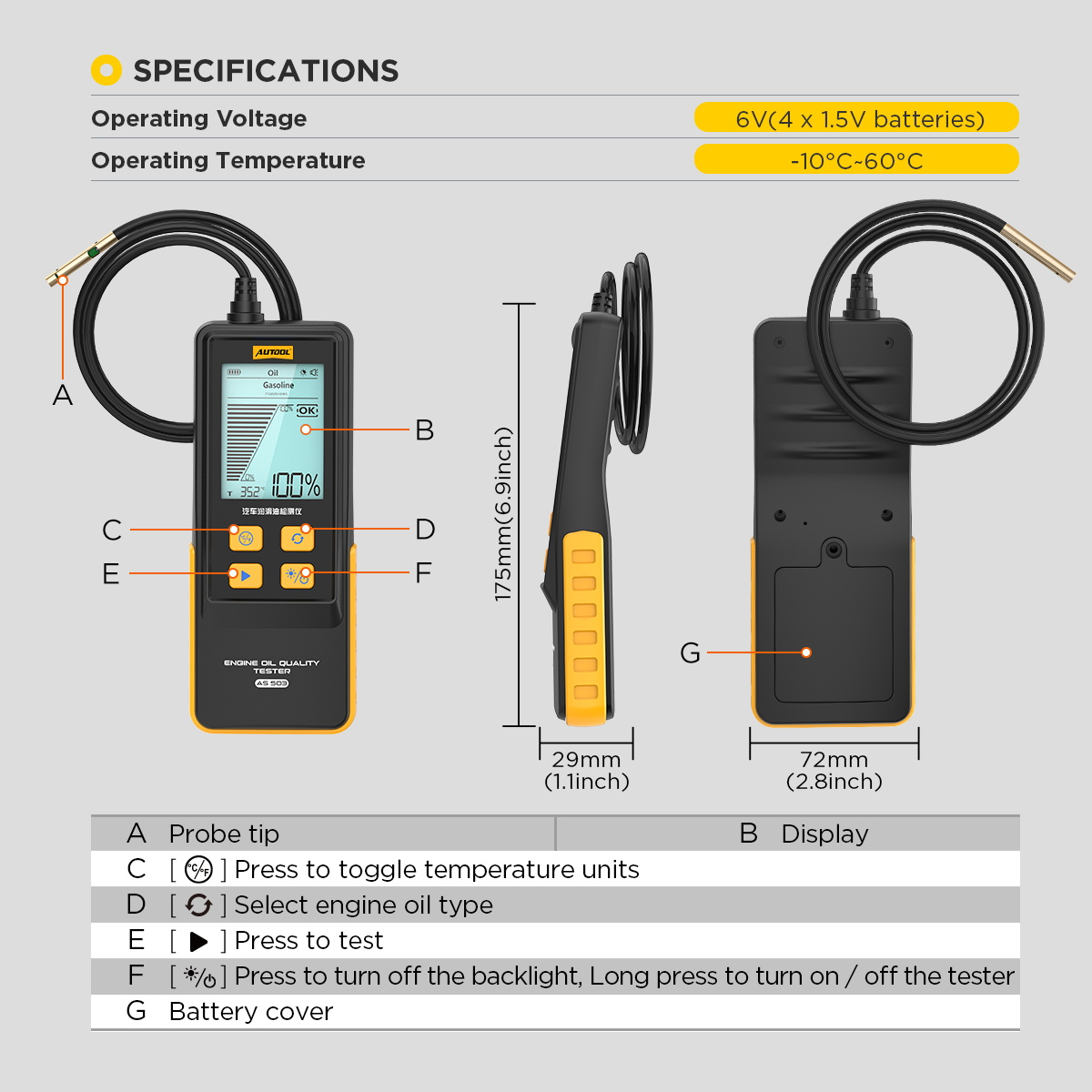 AUTOOL AS503 Engine Oil Tester – Digital Display, Sound Alarm, Petrol & Diesel, CE FCC Autool