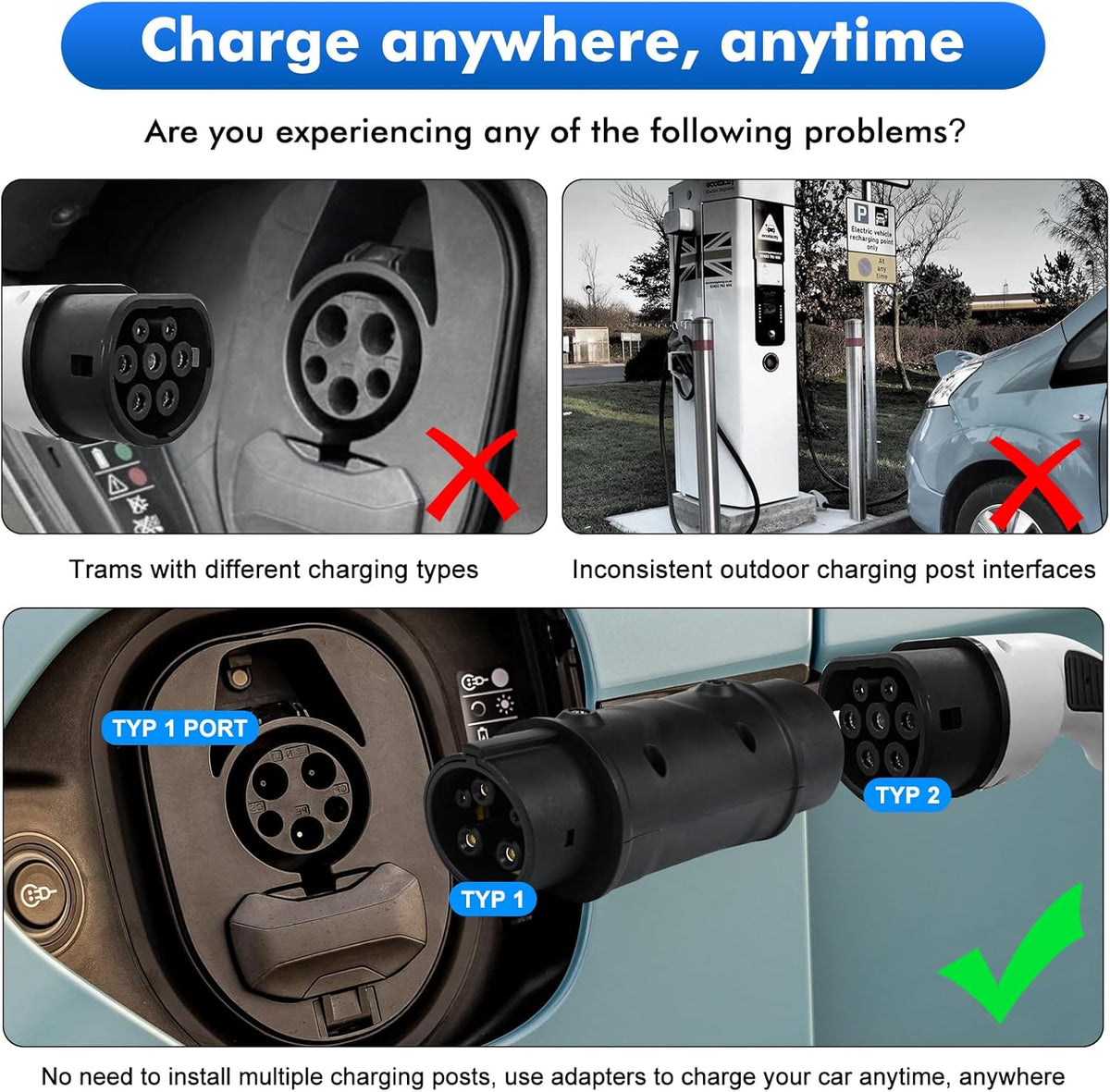 Type 2 to Type 1  Charging Adapter For EV Chargers 32A 32A 7.2kW FairTools