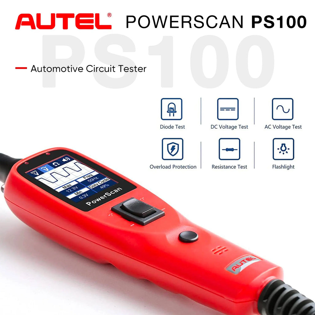 Autel PowerScan PS100 Tester voor elektrische circuit, sonde, stroomvoorziening, 12 V/24 V, leesweerstand, wisselstroomspanning, kortcircuitzoeken, componentenactivering Autel PowerScan PS100 Tester voor elektrische circuit, sonde, stroomvoorziening, 12 V/24 V, leesweerstand, wisselstroomspanning, kortcircuitzoeken, componentenactivering