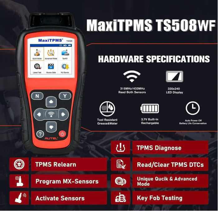 Autel MaxiTPMS TS508WF Relearn Tool (Original 2023 Newest), Program MX-Sensors(315/433 MHz), Activate/Relearn All Sensors, TPMS Reset, Read/Clear TPMS DTCs, Key Fob Testing - FairTools