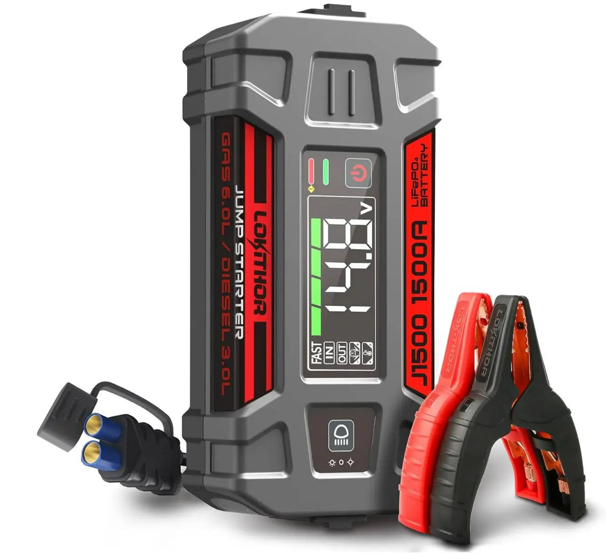 LOKITHOR J1500 Jump Starter 1500A 12V Car Starter (LiFePO4-Tech) for Upto 7L Gas and 4.5L Diesel Engines with 60W Two-Way Fast Charging, Safe and Portable Battery Booster Pack FairTools
